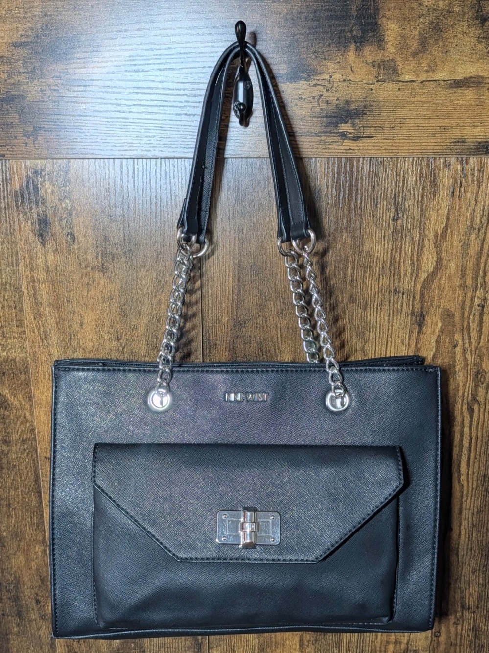 Nine West Black Shoulder Tote with Silver Chain Straps